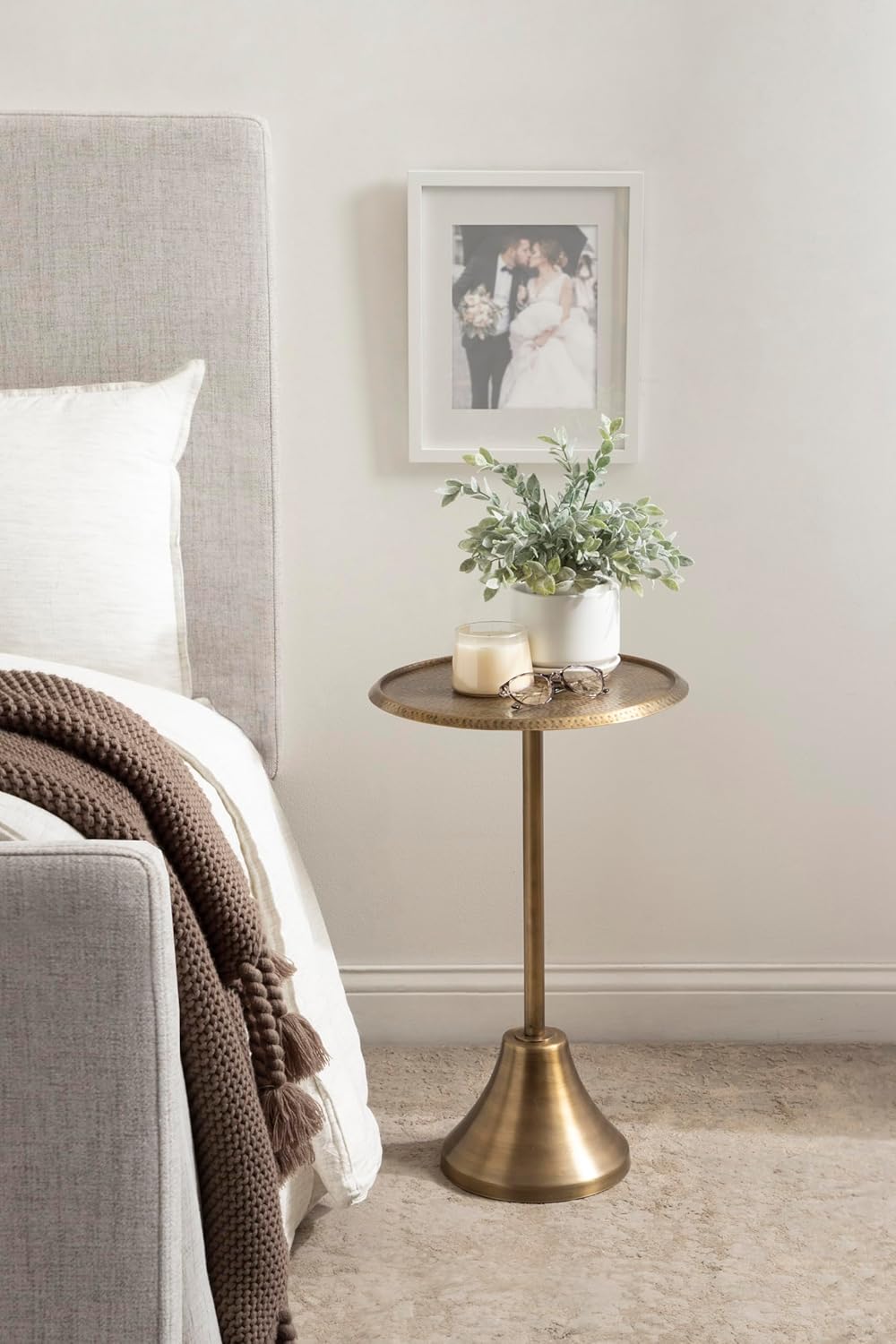 Kate and Laurel Sanzo Modern Round Pedestal Side Table; 15 x 15 x 24; Gold; Decorative End Table with Hammered Tabletop for Use as a Bedroom Nightstand or Living Room Accent