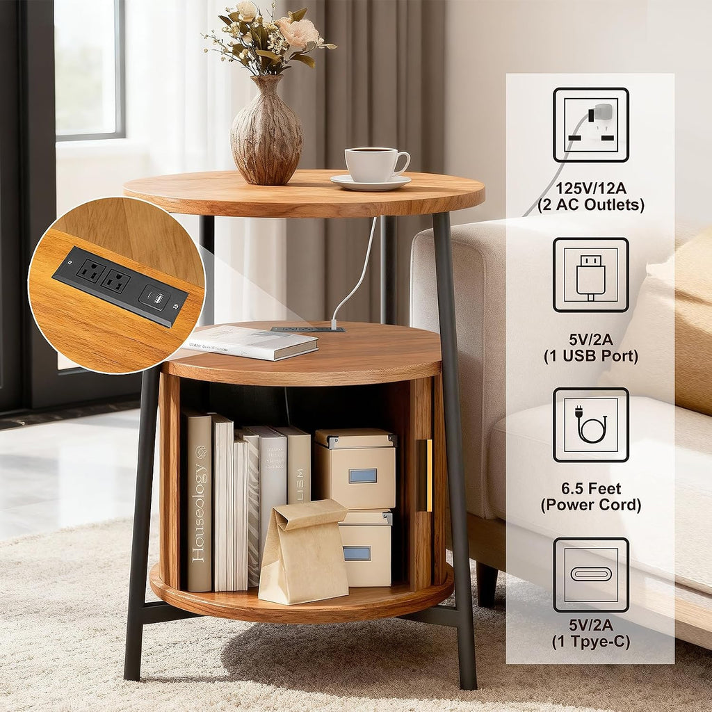 DHH Round End Tables Set of 2 & Charging Station, Fluted Accent Side Table with Sliding Door, Mid-Century Modern Nightstand set of 2 for Small Space Storage, Living Room, Bedroom,Sofa Couch(2, Yellow)
