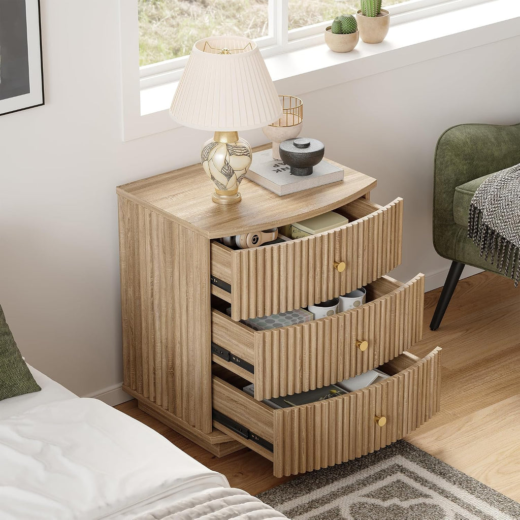 Dresser for Bedroom,6-Drawer Dresser, Mondern Wide Chest of Drawers with Fluted & Curved Design, Large Storage Chest for Bedroom, End Table for Living Rooms, （Natural*2）