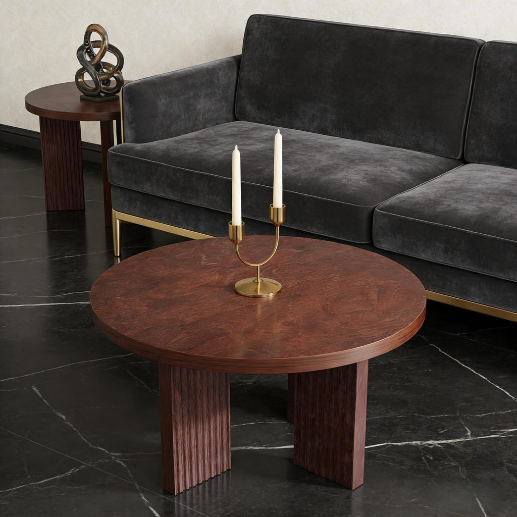 Nesting Coffee Table Set of 2, Modern Wooden Coffee Table with Smooth Thick Design, Circle Tea Table and End Table Set, Accent Center Tables for Living Room, Office, Burgundy