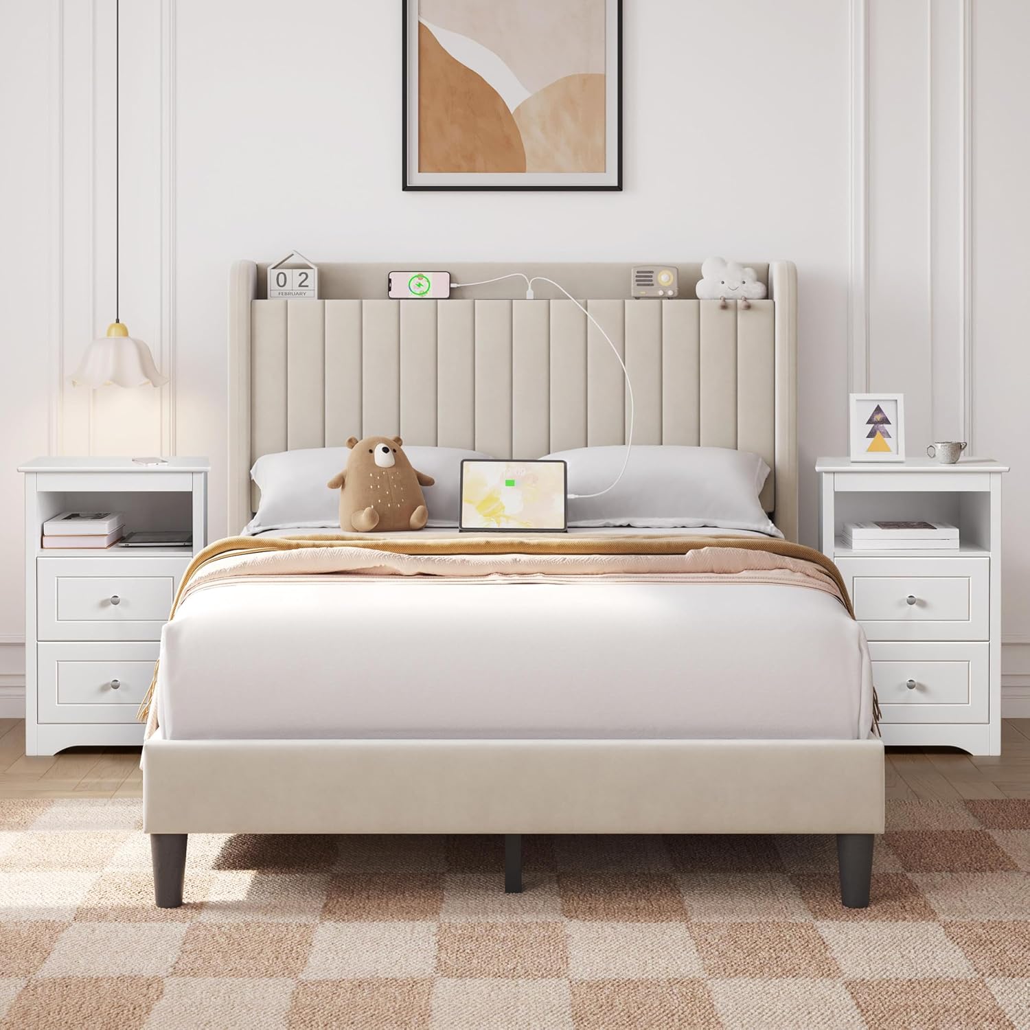 Yaheetech Bedside Table Set of 2, Tall Nightstand with 2 Drawer and Cubby, Wooden Cupboard for Bedroom Small Space, Bedside Cabinet Telephone Table, 16″ D × 19″ W × 29″ H, White