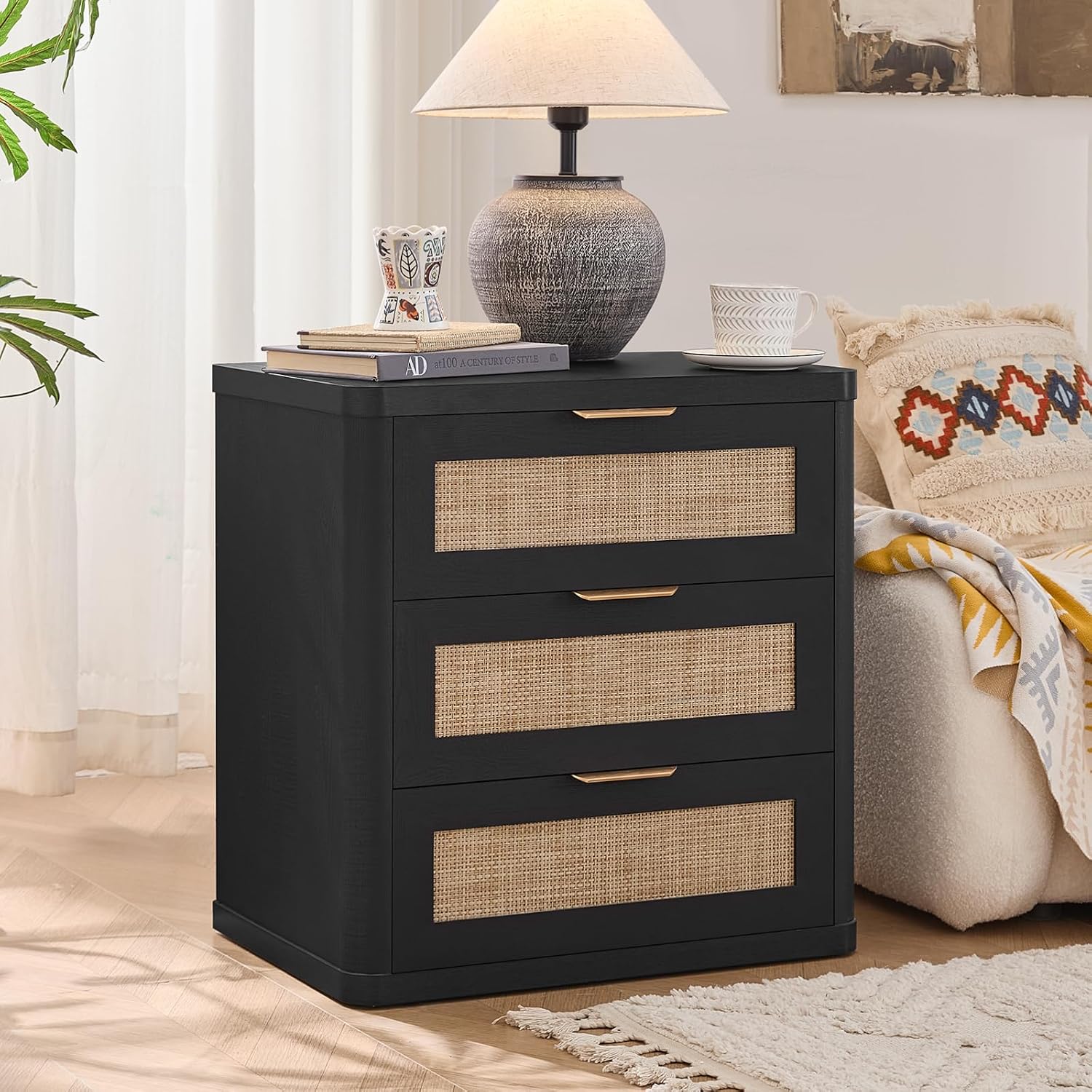 LEYAOYAO Rattan Night Stand Set of 2 with Drawers, 23' Large 3 Drawer Boho Nightstand, Natural Wood Bedside Table Storage Cabinet, Bed Side End Tables Dresser for Bedroom, Living Room, Hallway, Closet
