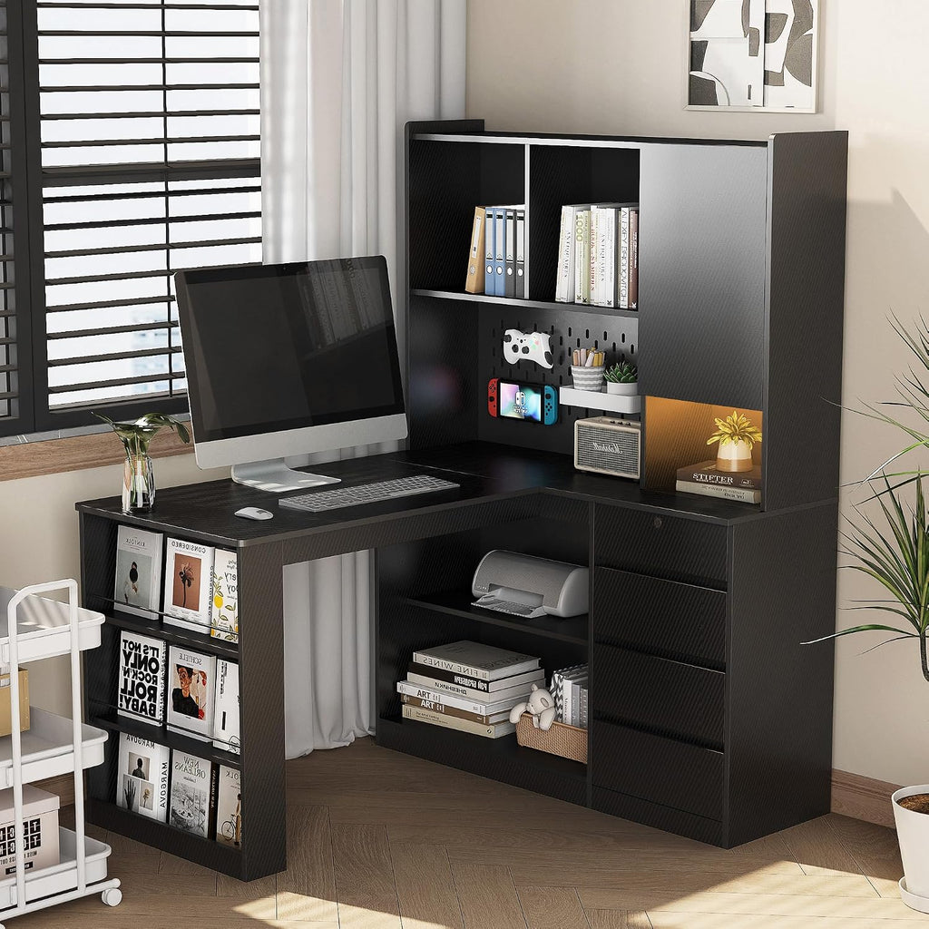 L Shaped Desk, Home Office Corner Desk with Hutch & Drawers and Bookshelf, Modern Study Table Writing Desk with LED Light, Gaming Computer Desk with Storage (Black-48)