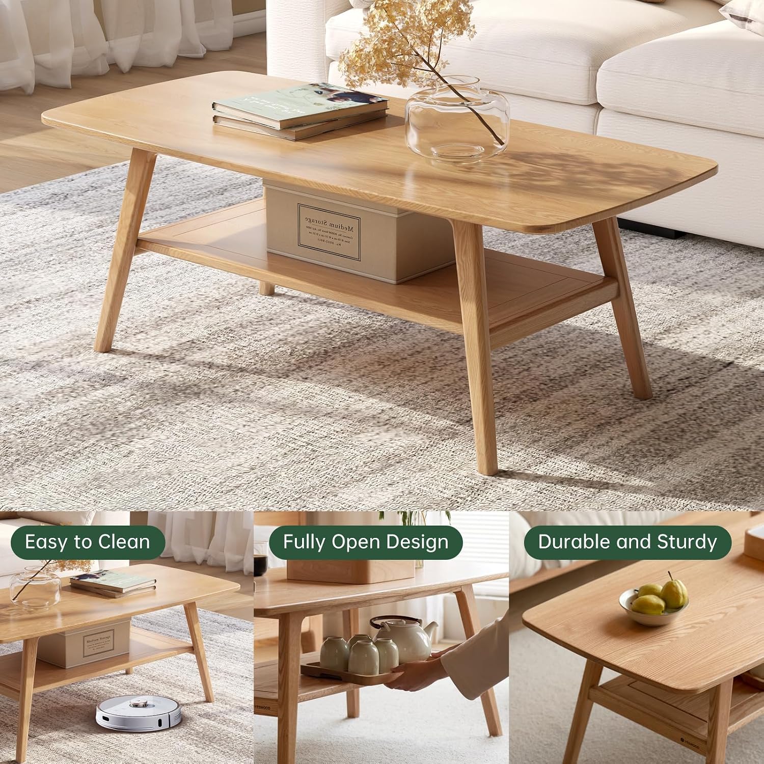 100% Solid Oak Wood Coffee Table for Living Room, 2-Tier Small Coffee Tables with Shelf Storage, Mid Century Modern Table with Rounded Corners (Natural, 39.37' x 19.68' x 17.32')