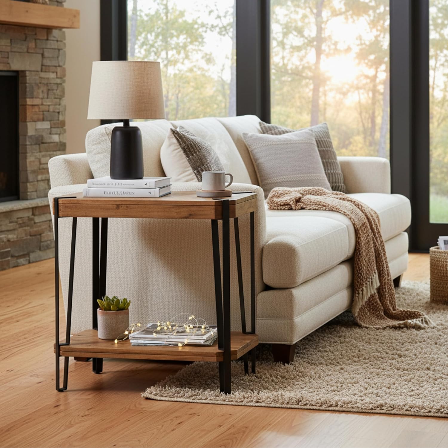Ryegate Live Edge End Table with Storage – 2-Tier Solid Acacia Wood Side Table with Metal Frame and Lower Shelf – Industrial Accent Table for Living Room or Bedroom by Alaterre Furniture