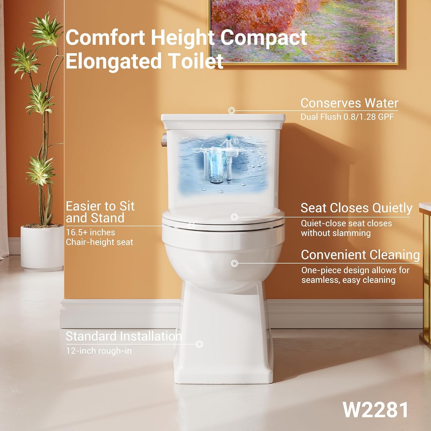 IDEALHOUSE One-Piece Toilet, 1.28 GPF Powerful Flush System, 16.5 Inch Comfort Height, 19 Inch Extended Bowl, Slow Close Seat, 12 Inch Rough in, White