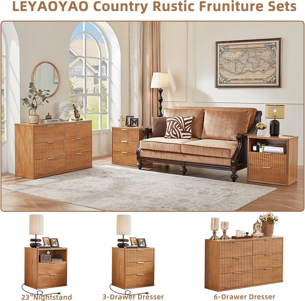 LEYAOYAO 23' Wide Fluted Farmhouse Night Stand Set of 2 with Charging Station, 3 Drawers Large End Table w/Metal Handle, Brown Nightstand Bedside Table,Wood Dresser for Bedroom, Closet