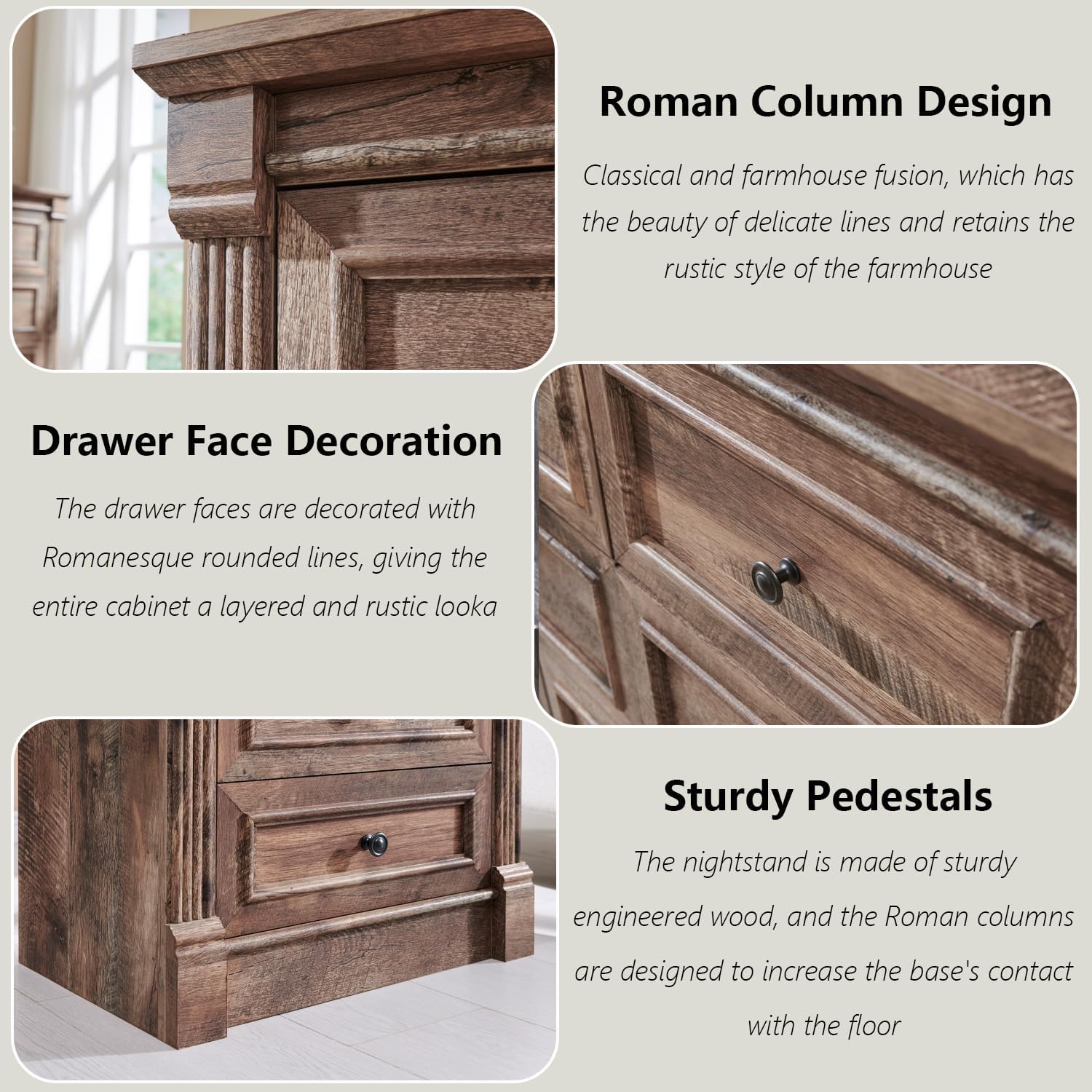 Aitjunz 26' Tall Nightstand with Charging Station, Farmhouse 23.6' Wide Large End Table w/Roman Column, Wood Rustic Side Table w/Metal Handle, 3 Drawers Dresser for Bedroom, Living Room, Light Brown