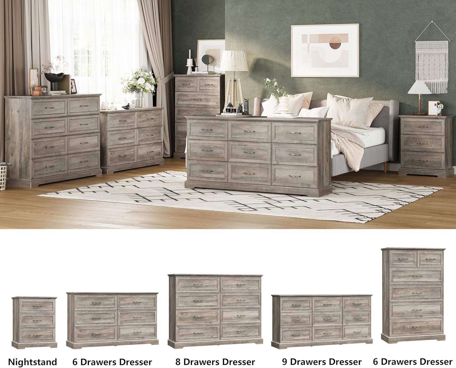 Nightstand Set of 2,24' Wide End Table with 3 Large Drawers & Metal Handles,Rustic Farmhouse Wood Small Dresser,Bedside Table,Modern Chest of Drawers for Bedroom,Living Room,Grey