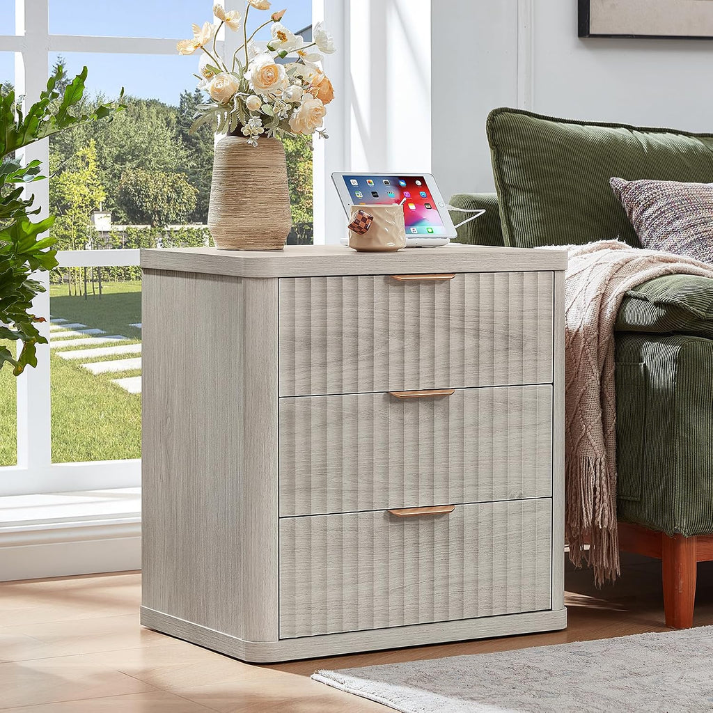 LEYAOYAO Fluted Farmhouse Nightstand Set of 2 with Charging Station, 23' Wide 3 Drawers Night Stand,LightGrey Dresser for Bedroom,Bed Side Table Chest of Drawers,Wood End Table for Living Room