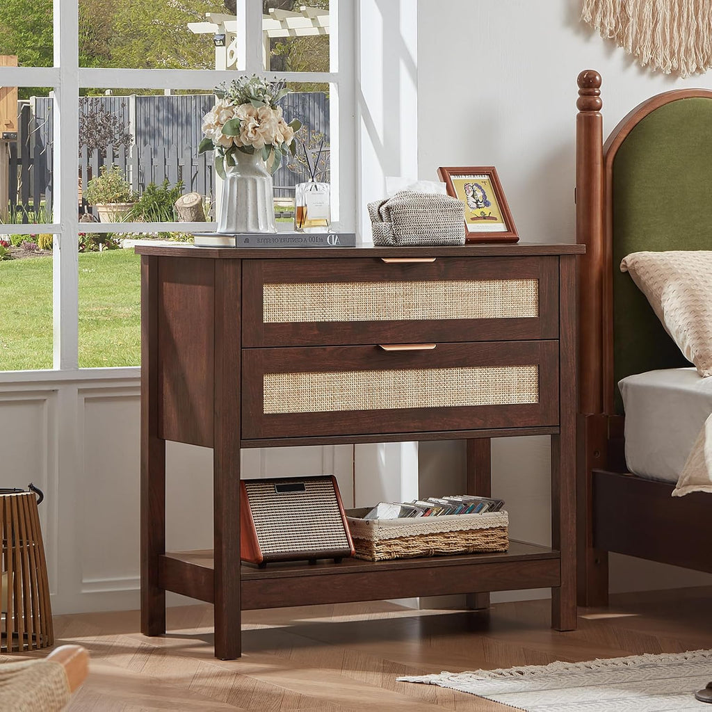 LEYAOYAO 31.5' Wide Rattan Night Stand, Large Boho Nightstand, Bedside Table with Storage, Tall Bed Side End Tables, Chest of Drawers for Bedroom, Living Room, Hallway（Walnut,2 Drawers,2）