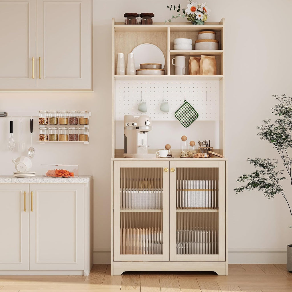 71' Tall Pantry Cabinet with 2 Glass Doors, Freestanding Kitchen Storage Cabinet with Open Storage & Adjustable Shelves, Modern Farmhouse Cupboard Coffee Bar for Dining Room, Living Room, Natural