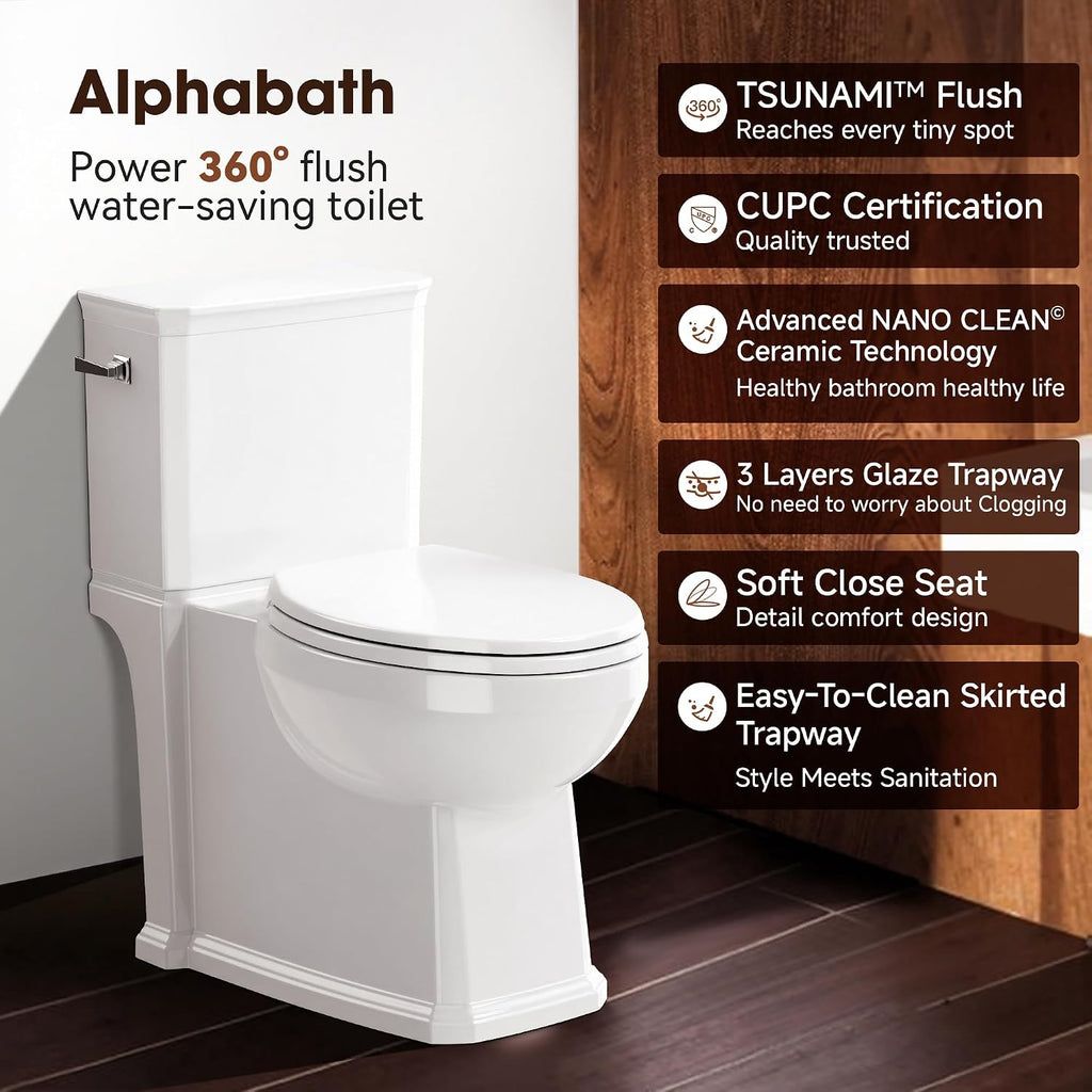 17' Comfort Height Toilet with Soft close seat, Skirted Toilets for Bathroom, Nano Self-Cleaning Glaze, 1.27 GPF Powerful Single Flush, Easy to Clean & Install, ADA Height, 12' Rough-In
