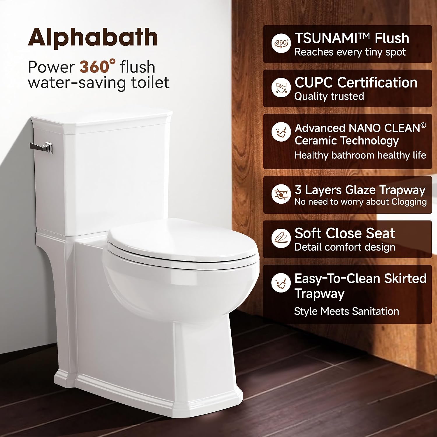 17' Comfort Height Toilet with Soft close seat, Skirted Toilets for Bathroom, Nano Self-Cleaning Glaze, 1.27 GPF Powerful Single Flush, Easy to Clean & Install, ADA Height, 12' Rough-In