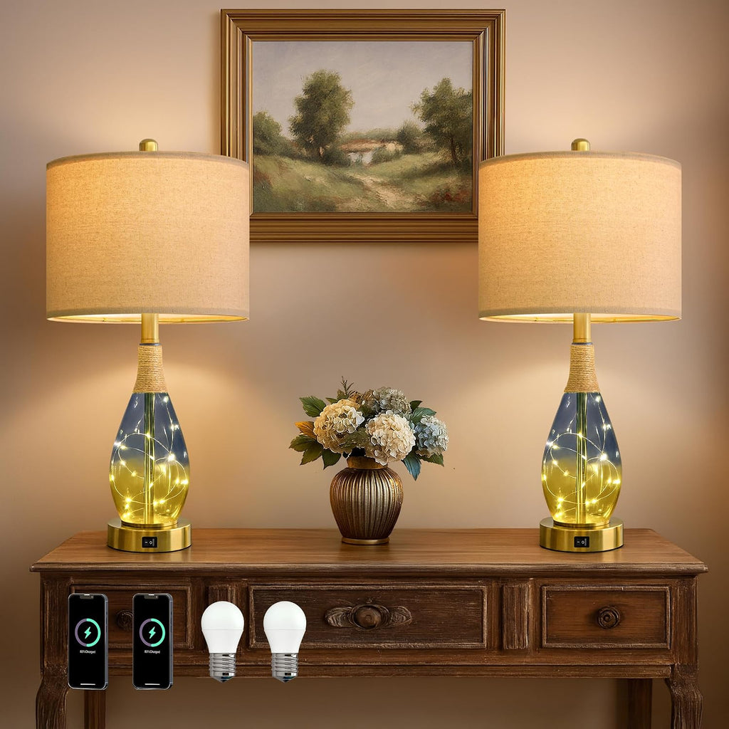 OYEARS 23' Table Lamps for Living Room Set of 2,Bedside Lamps for Night Stands, Rattan Lamps for Bedroom,Farmhouse Lamps with Glass Nightlight,Two Light Points