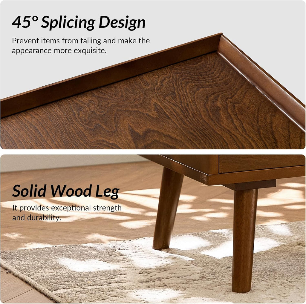 HULALA HOME 2 Drawer End Table with Pull-Out Shelf, Mid-Century Modern End Table with Wood Legs, Wood Side Table with Charging Station(Walnut, Set of 2)