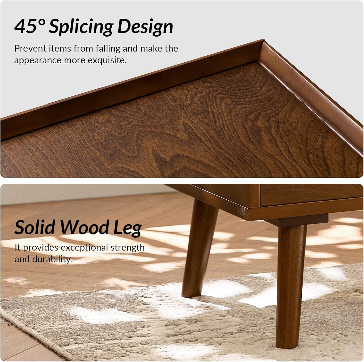 HULALA HOME 2 Drawer End Table with Pull-Out Shelf, Mid-Century Modern End Table with Wood Legs, Wood Side Table with Charging Station(Walnut, Set of 2)