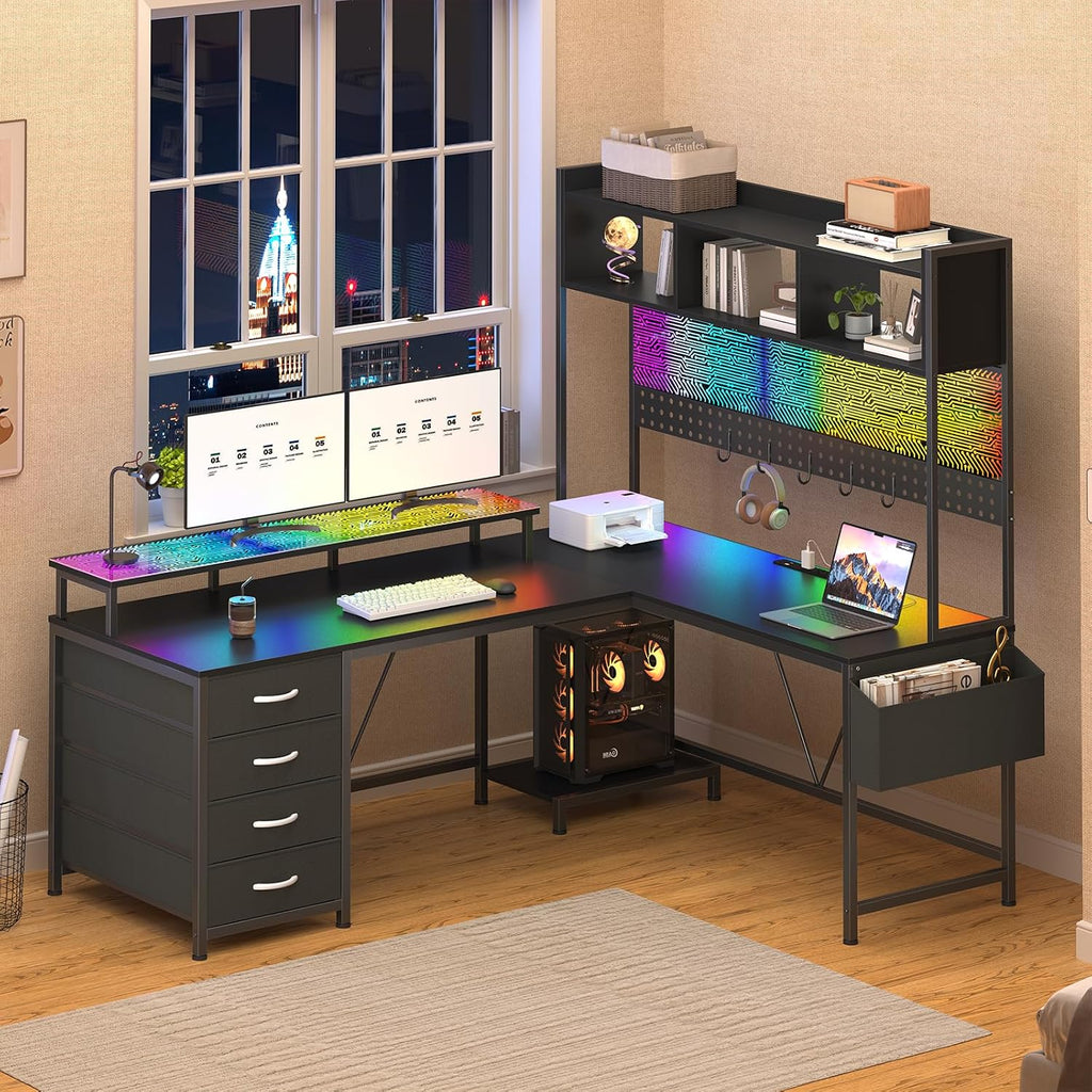 L Shaped Gaming Desk with Hutch, Reversible Computer Corner Desk with Drawers, Gaming Desk with LED Lights Panel, Power Outlets, Pegboard and Monitor Stand, Black
