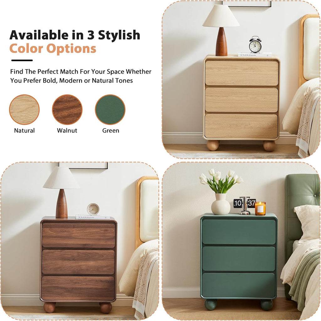 AVZEAR Wooden Night Stand wth 3 Drawer Dresser Mid Century Modern End Table Chest of Drawers, Solid Wood Legs & Curved Profile Design, Farmhouse Side Table for Living Room, Green