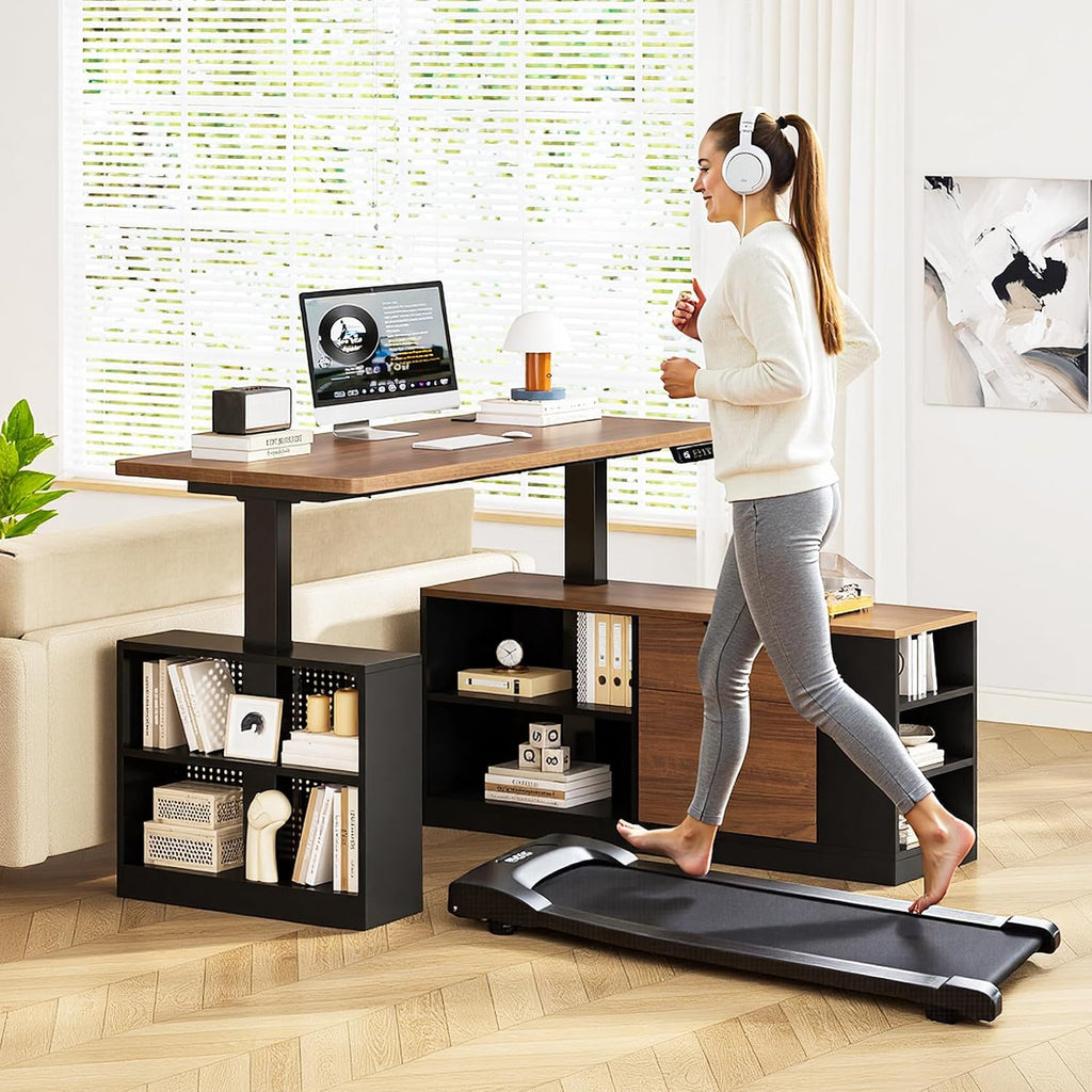 UPOSOJA L Shaped Standing Desk Adjustable Height, 53' Electric Office Desk with File Drawers & Storage Shelves, Sit Stand Corner Computer Desk with Power Outlets, Pegboard, 6 Hooks, Black & Walnut