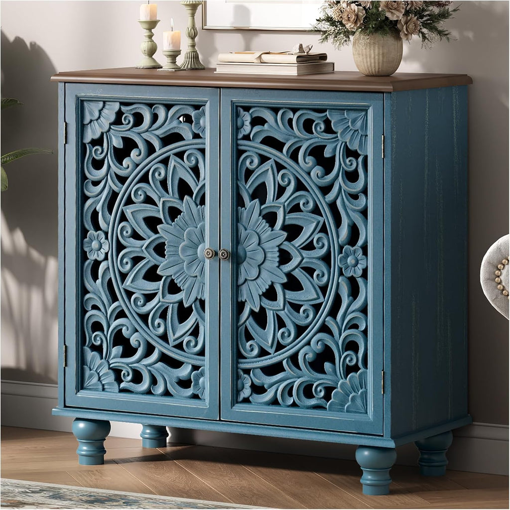 JOINICE Blue Accent Cabinet with Carved Doors, 31' Storage Cabinet for Entryway & Living Room, Vintage Sideboard Buffet Table with Adjustable Shelf, Solid Wood Legs, Boho Home Decor