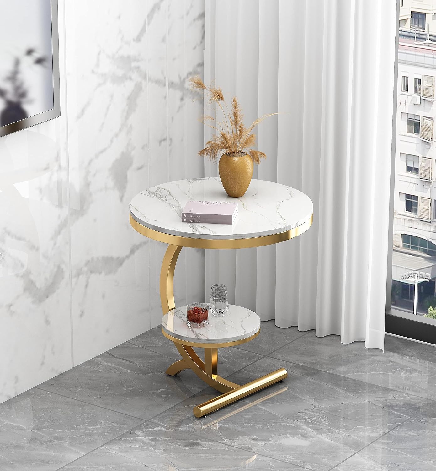 Luxury Marble End Table Decor & More Round Coffee Table with Storage Shelf for Home & Living Room |Gold Coffee Table|Outdoor & Indoor Furniture(Color : Gold+White, Size : Double Layer)