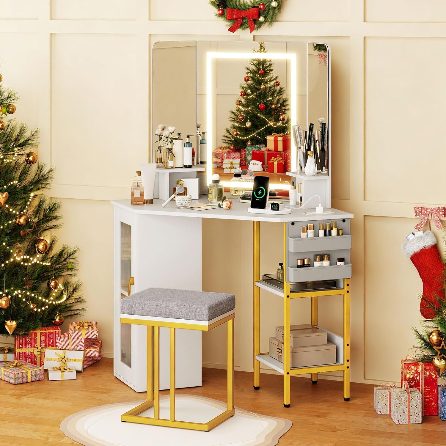LOKO Corner Vanity Desk with Mirror & Lights, Modern Makeup Dressing Table with Triple Mirror, 3 Lighting Modes & Adjustable Brightness, Matching Chair, Open Shelves & Cabinet, 2 Fabric Bags