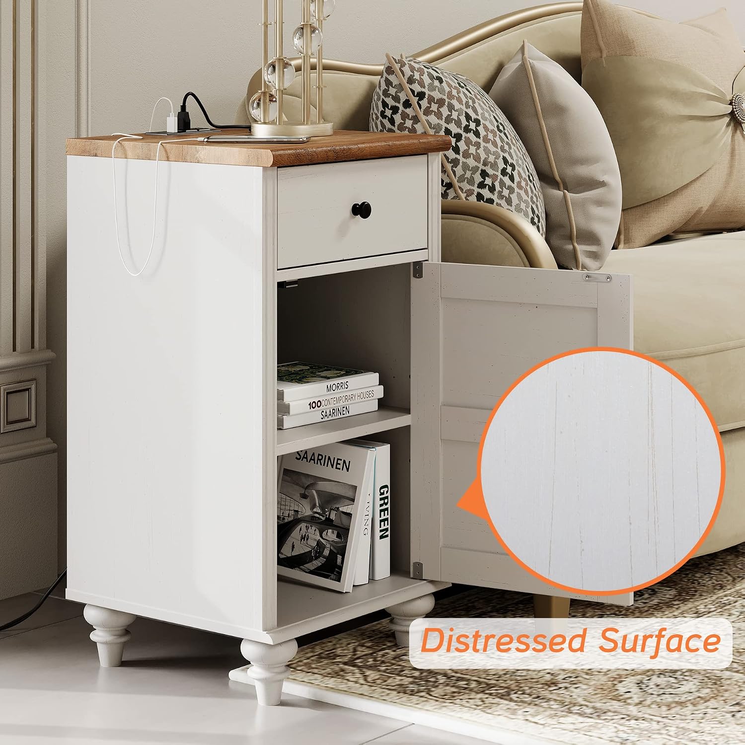 Nightstands with Charging Station, Set of 2 Wood End Table with Drawer and Storage Cabinet, Modern Side Tables Living Room Set of 2, Farmhouse Night Stands Bedside Table for Bedroom, White/Oak
