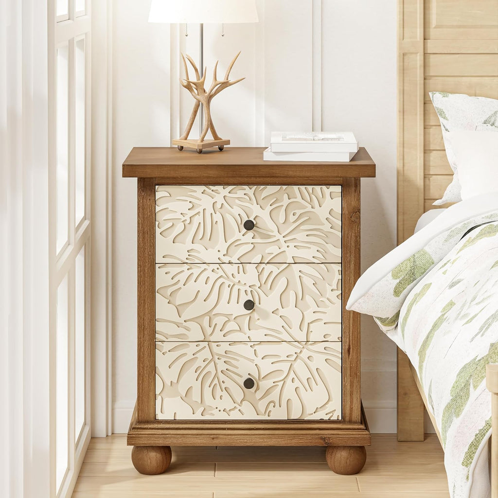 COZAYH Farmhouse 3-Drawer Nightstand with Leaves Pattern Carved, Set of 2 Vintage French Country End Table for Bedroom, Living Room, Distressed Finish, White & Brown