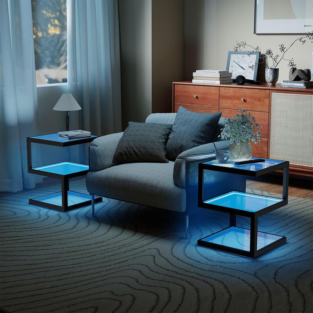 3-Tier Tempered Glass Side Table with Metal Frame, USB Port and Dimmable Blue LED Light Strip for Living Room & Bedroom 15.7' x 15.7' x 19.7' (Square)