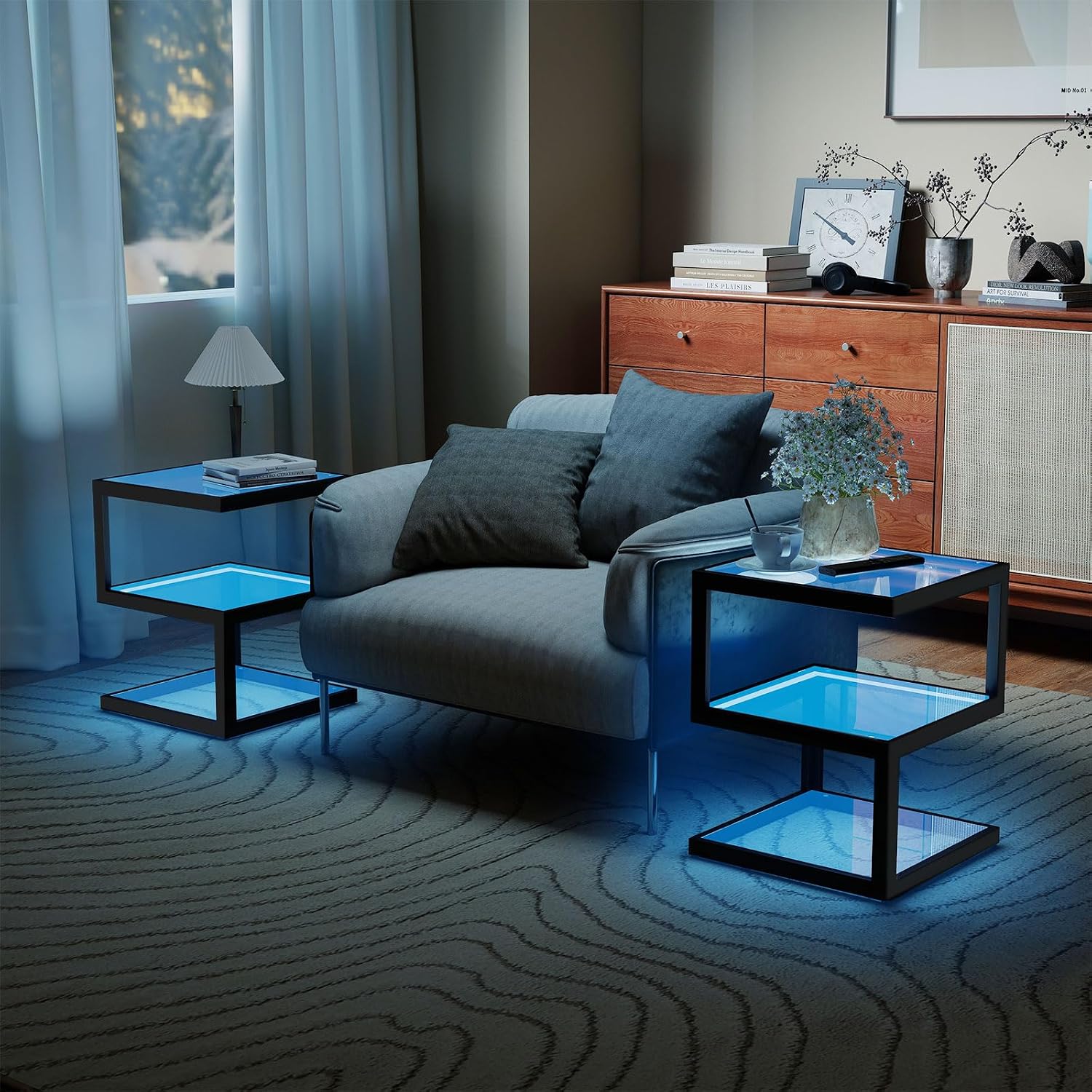 3-Tier Tempered Glass Side Table with Metal Frame, USB Port and Dimmable Blue LED Light Strip for Living Room & Bedroom 15.7' x 15.7' x 19.7' (Square)