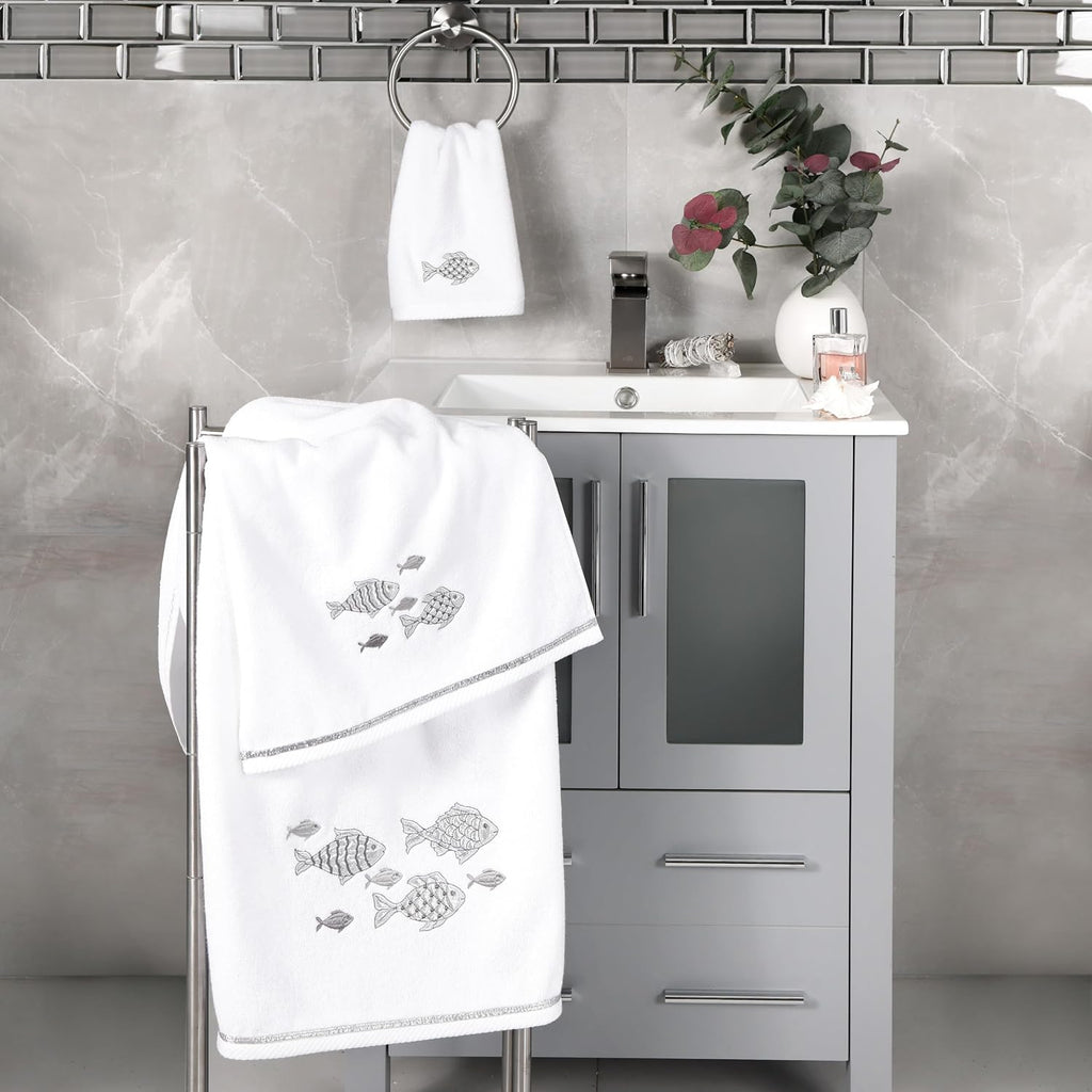 Treasure 4-Piece Premium Towel Set, Sparkling Applique Fish, Ultra Plush Turkish Cotton, Durable, Perfect for Bathroom, 2 Bath 2 Hand Towels, White