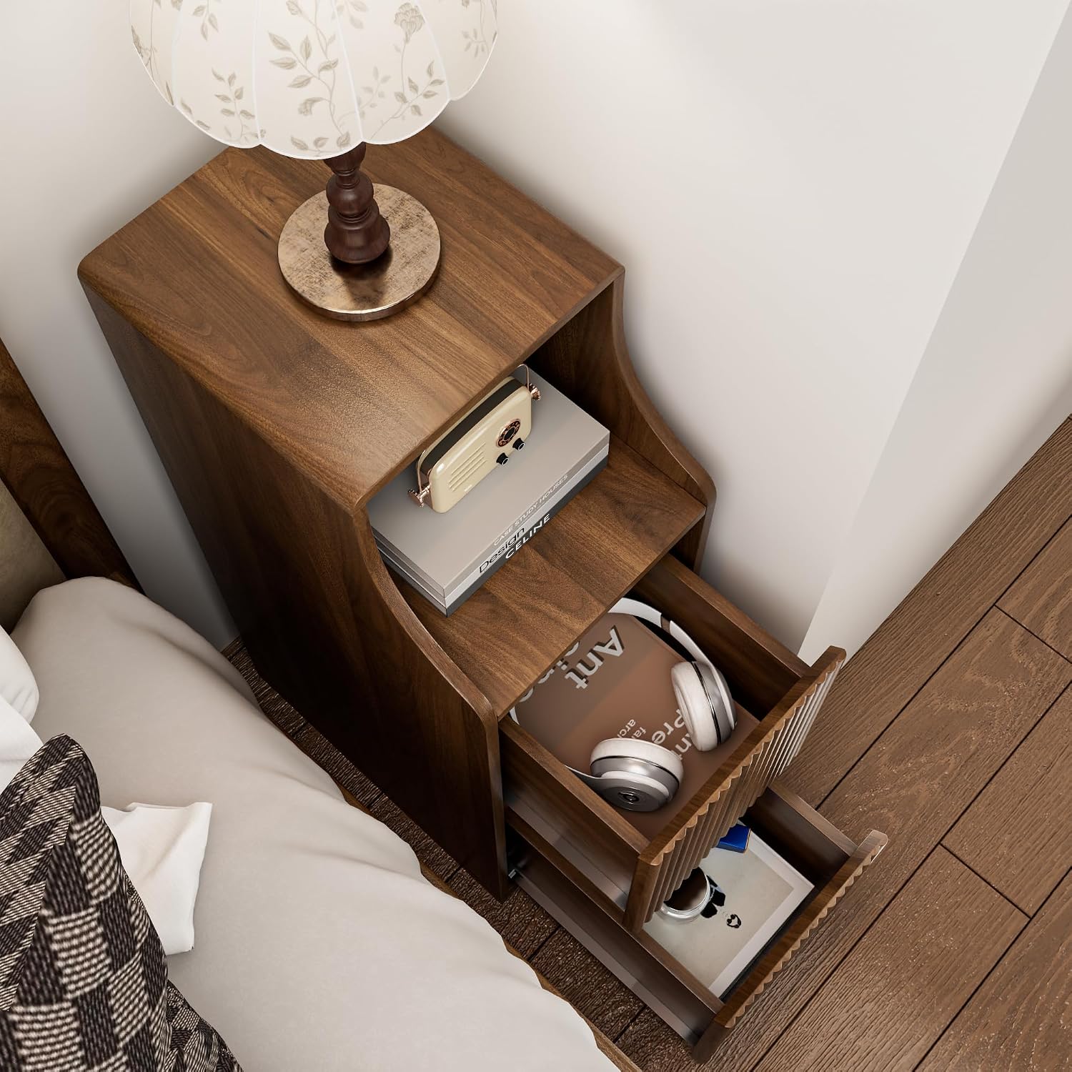 Fluted Narrow Nightstand Set of 2, Mid Century Modern Small Bedside Table with 2 Drawers, Wooden Skinny Vintage Side Table, Night Stand, Slim End Table for Bedroom, Walnut, Brown