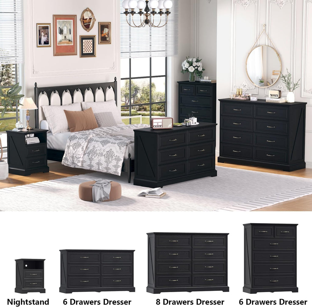 Nightstand with Charging Station Set of 2,18' Wide End Table with 2 Large Drawers & Metal Handles,Farmhouse Wood Small Dresser,Bedside Table,Modern Chest of Drawers for Bedroom,Living Room,Black