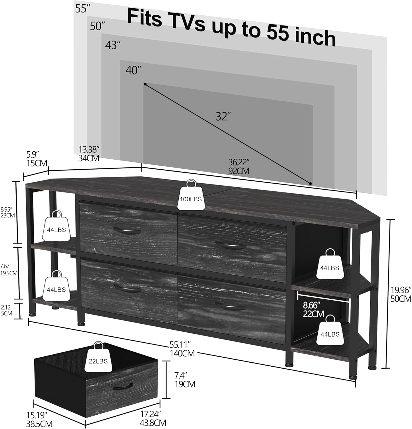 EXOTICA Corner TV Stand for 55 inch TV with Drawer and Charge Station Black Corner Entertainment Center for Living Room Modern Corner Console Table with 4 Open Storage Shelves Metal Frame