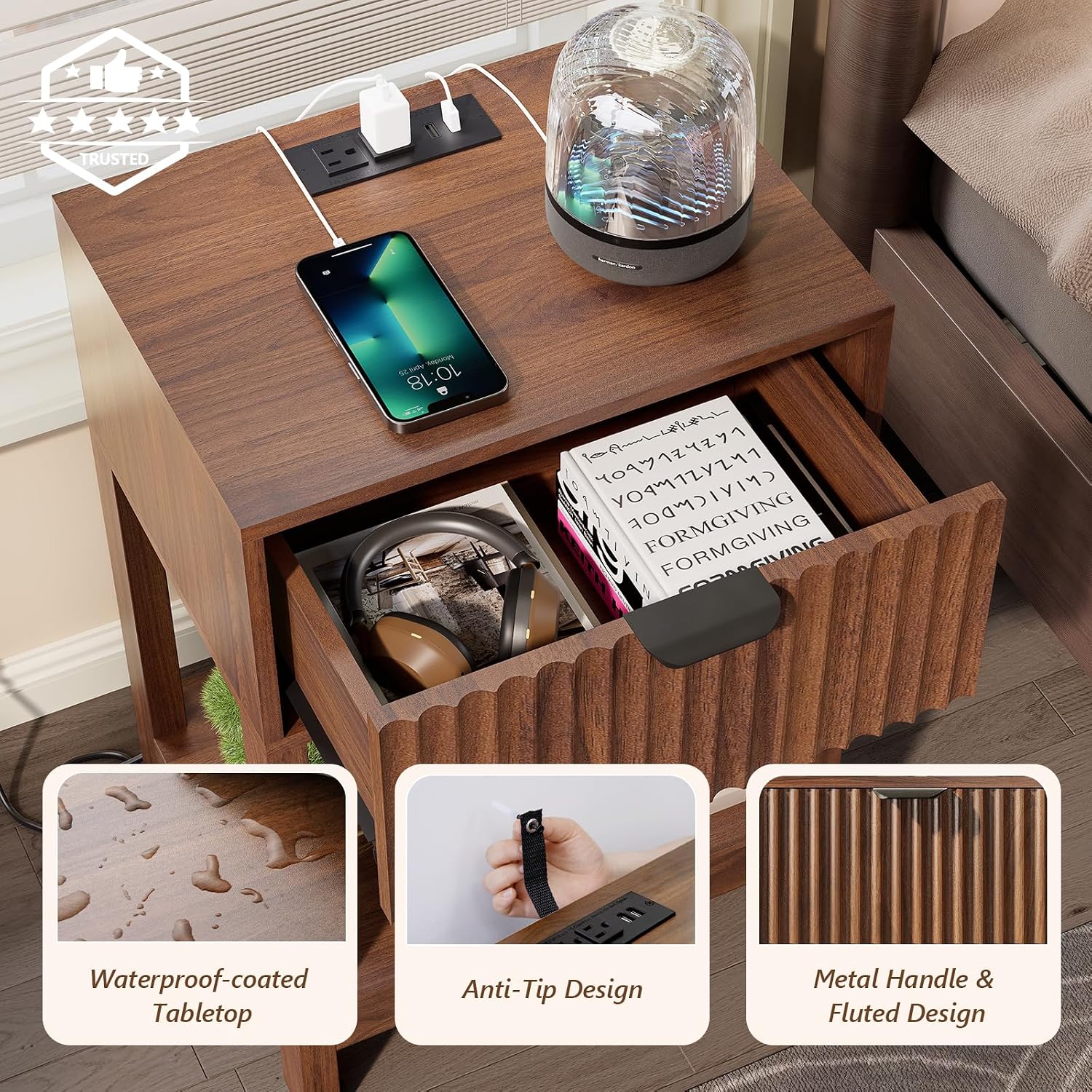 Nasonet Night Stand Set 2, Fluted Nightstand with Charging Station, Wood Bedside Table with Drawer & Storage Shelf, Modern End Tables for Bedroom Sofa Couch Office, Walnut