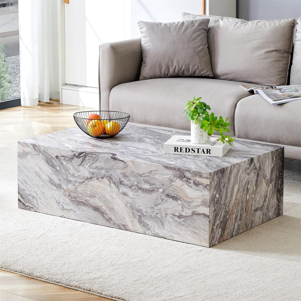 Grey Marble Coffee Table for Living Room Rectangular Faux Marble Center Tables Modern Elegant Wooden Cocktail Table for Home Office -Fully Assembled