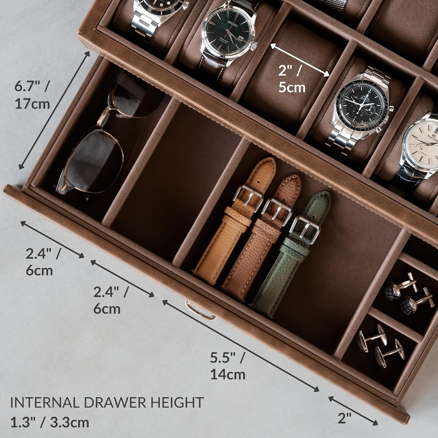 TAWBURY Watch Box for Men - 12 Slot Watch Case with Storage Drawer, Real Glass Display and 2-inch Wide Pillows for Large Watches (Brown)