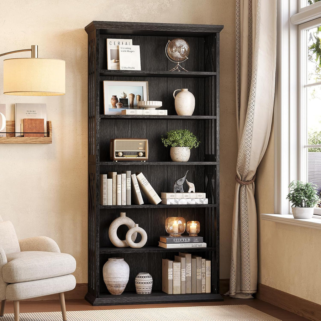 LITTLE TREE 6-Tier Bookcase, Set of 2 Farmhouse Bookshelves and Bookcases, 75-Inch Floor Standing 6 Shelf Wooden Display Storage Shelves Tall Bookcase for Home Office, Living Room, Bed Room, Black