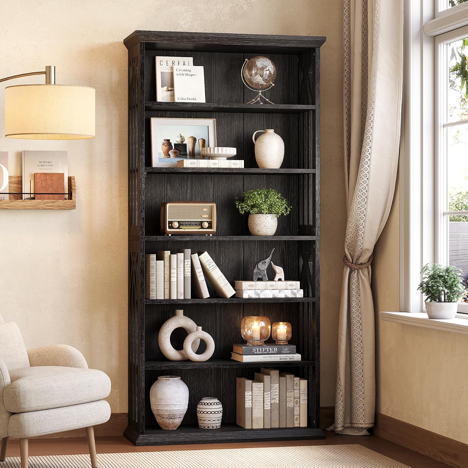 LITTLE TREE 6-Tier Bookcase, Set of 2 Farmhouse Bookshelves and Bookcases, 75-Inch Floor Standing 6 Shelf Wooden Display Storage Shelves Tall Bookcase for Home Office, Living Room, Bed Room, Black