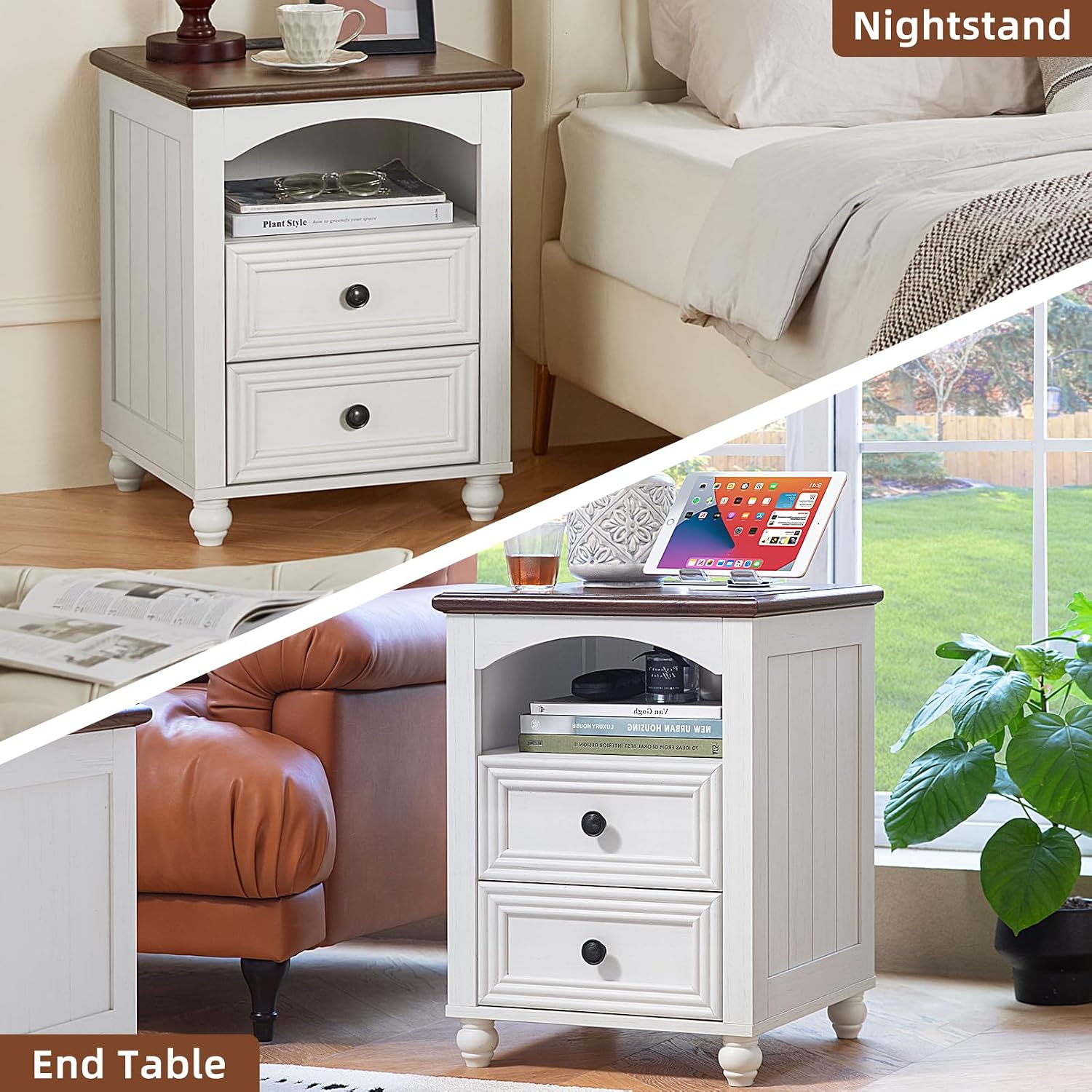 RWYHG 18' Farmhouse Night Stand with Charging Station, White Wood Nightstand with 2 Drawers, Bedside End Table with Shelf Storage, Bed Side Tables Cabinet for Bedroom, Living Room, and Closet