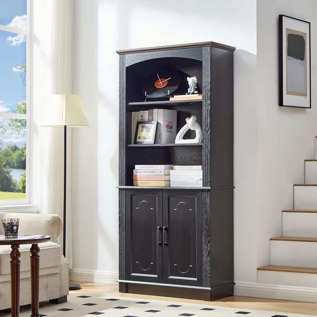 LIDYUK Black 5 Tier Book Shelf and Bookshelf with Storage Cabinet Doors, 72 Inch Tall Bookcase, Wooden Cube Storage Organizer, Bookshelf, Display Cabinet Furniture, Living Room, Pantry