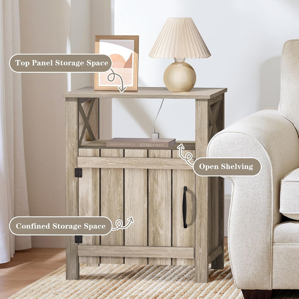 Farmhouse Nightstand Set of 2 with Charging Station, Gray, Side Table, End Table with Barn Door & Shelf, Rustic, for Bedroom, Living Room