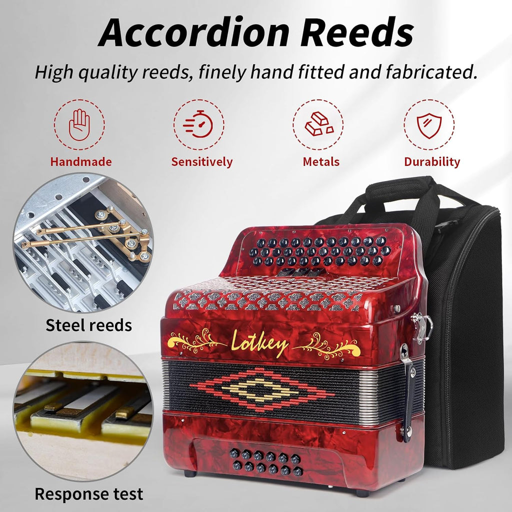Lotkey 34 Key Diatonic Accordion, 3412 Multi Tone Celluloid Accordions Louder Clearer Timbre than Plastic for Adult, Beginner, Professional with Updated Bag, Straps, Acordeón Wrist Guard (GCF Red)