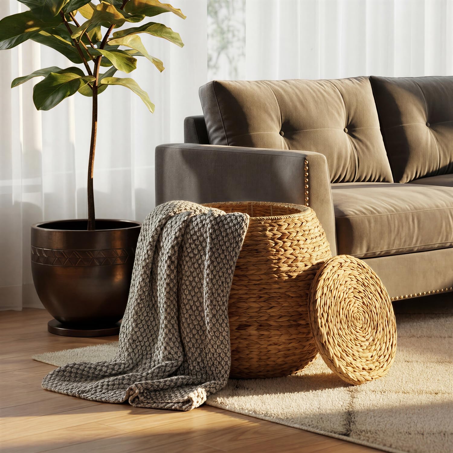 Household Essentials Handwoven Water Hyacinth Barrel Wicker Storage Basket Side Table, Natural