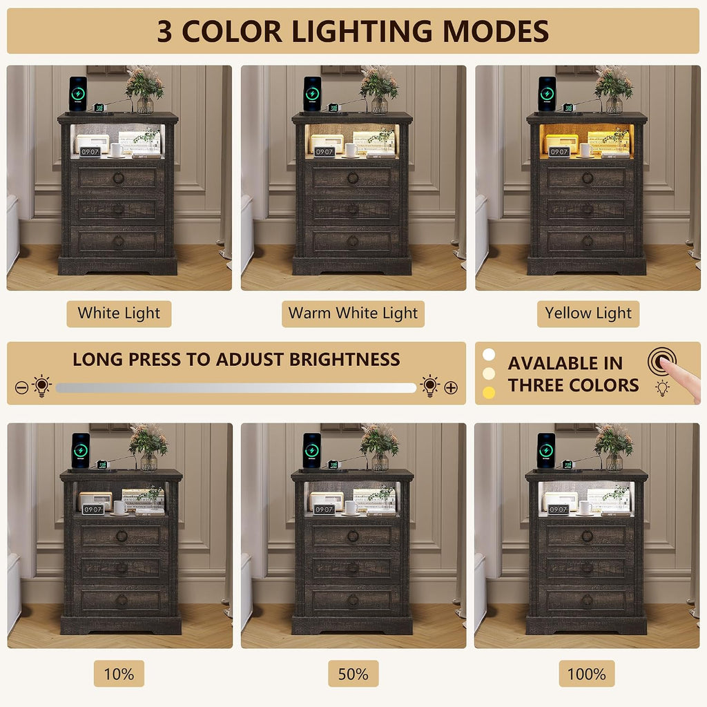 Nightstand Set 2 with Charging Station, Farmhouse End Side Table with 3 Drawers and Open Storage, Smart Bedside Table with LED Light & Human Sensor for Bedroom,Brown,Chest