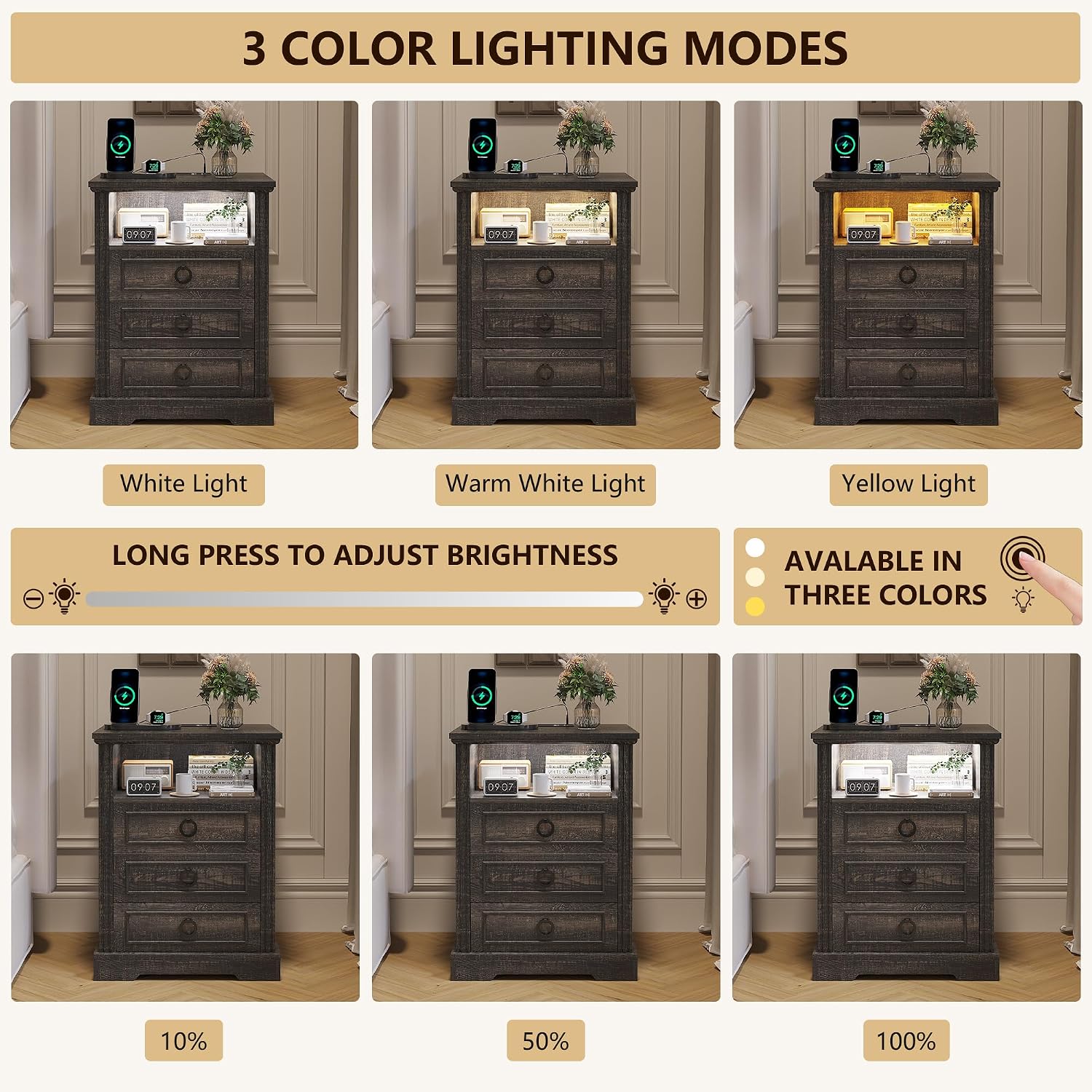 Nightstand Set 2 with Charging Station, Farmhouse End Side Table with 3 Drawers and Open Storage, Smart Bedside Table with LED Light & Human Sensor for Bedroom,Brown,Chest