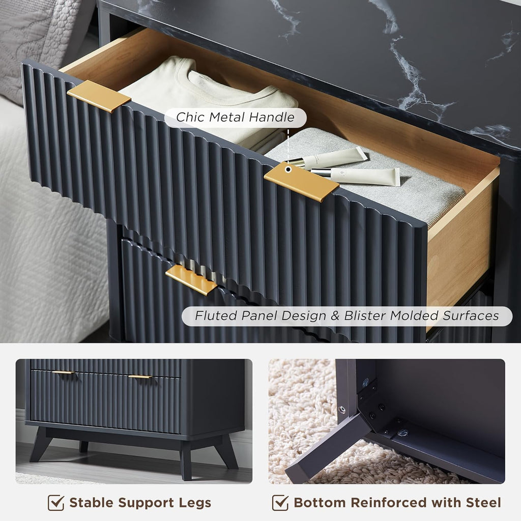 T4TREAM Fluted 3 Drawers Nightstand Set of 2, Oversized Extra Large Modern Side Table with Faux Marble Top, End Table Bedside for Bedroom, Living Room, Curved Profile Design, Dark Grey | Fluted