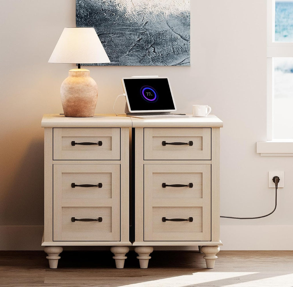 WAMPAT 2 Pack End Tables with Charging Station, Farmhouse Narrow Side Table with Drawer & Storage Cabinet, Beige Nightstand with Power Outlets & USB Ports for Living Room, Bedroom