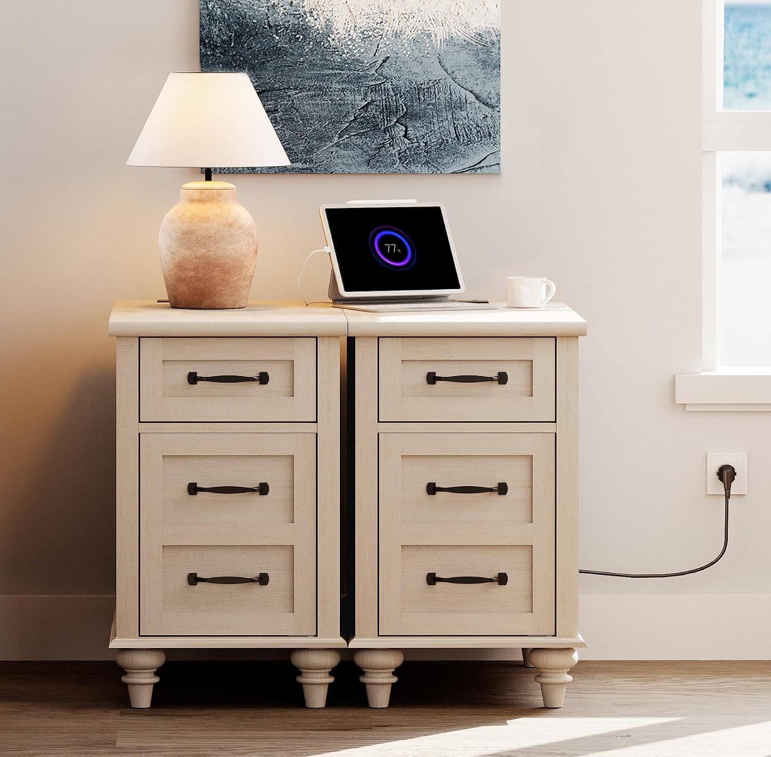 WAMPAT 2 Pack End Tables with Charging Station, Farmhouse Narrow Side Table with Drawer & Storage Cabinet, Beige Nightstand with Power Outlets & USB Ports for Living Room, Bedroom